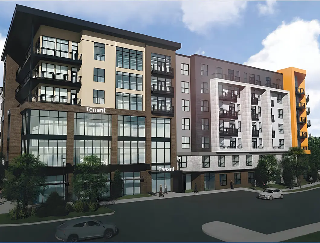 A rendering of the exterior of an apartment complex.