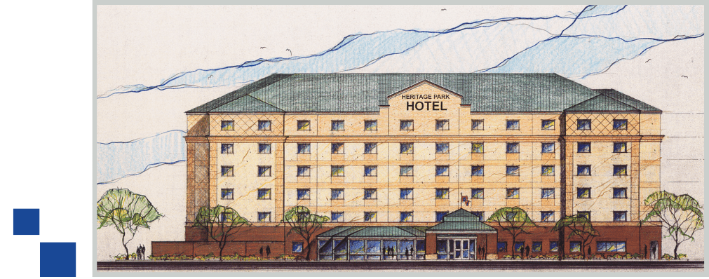 A drawing of the front of an hotel.