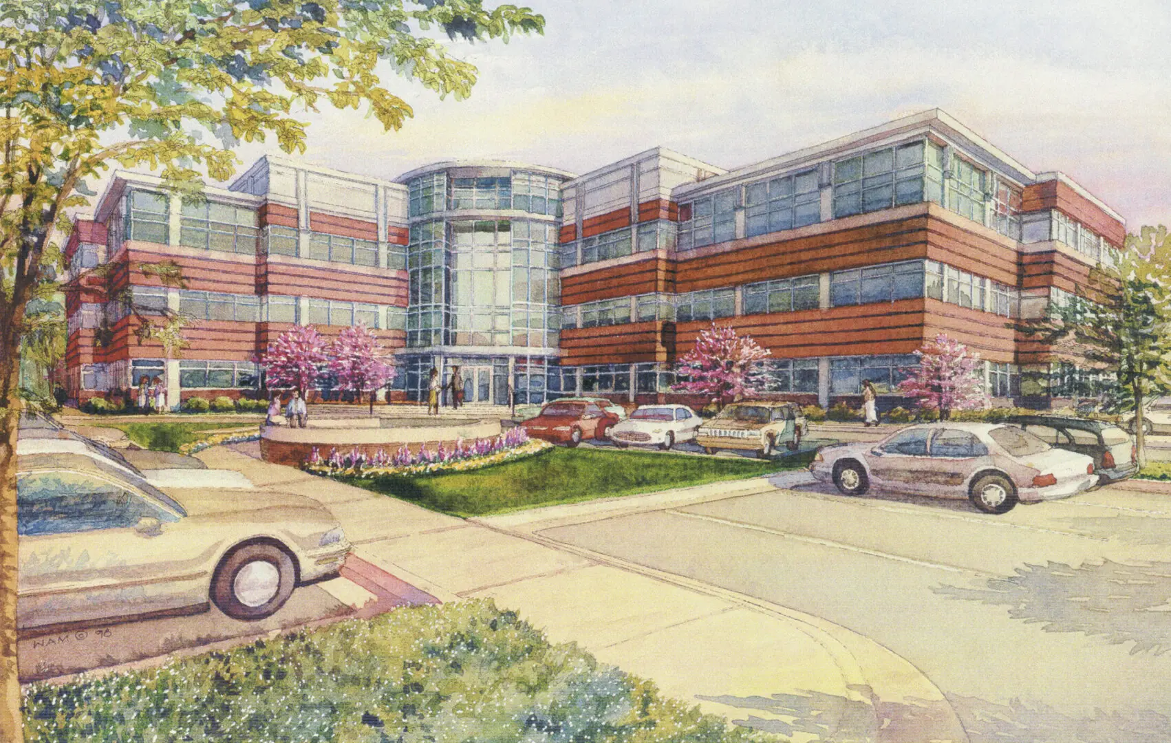 A painting of an office building with cars parked in front.