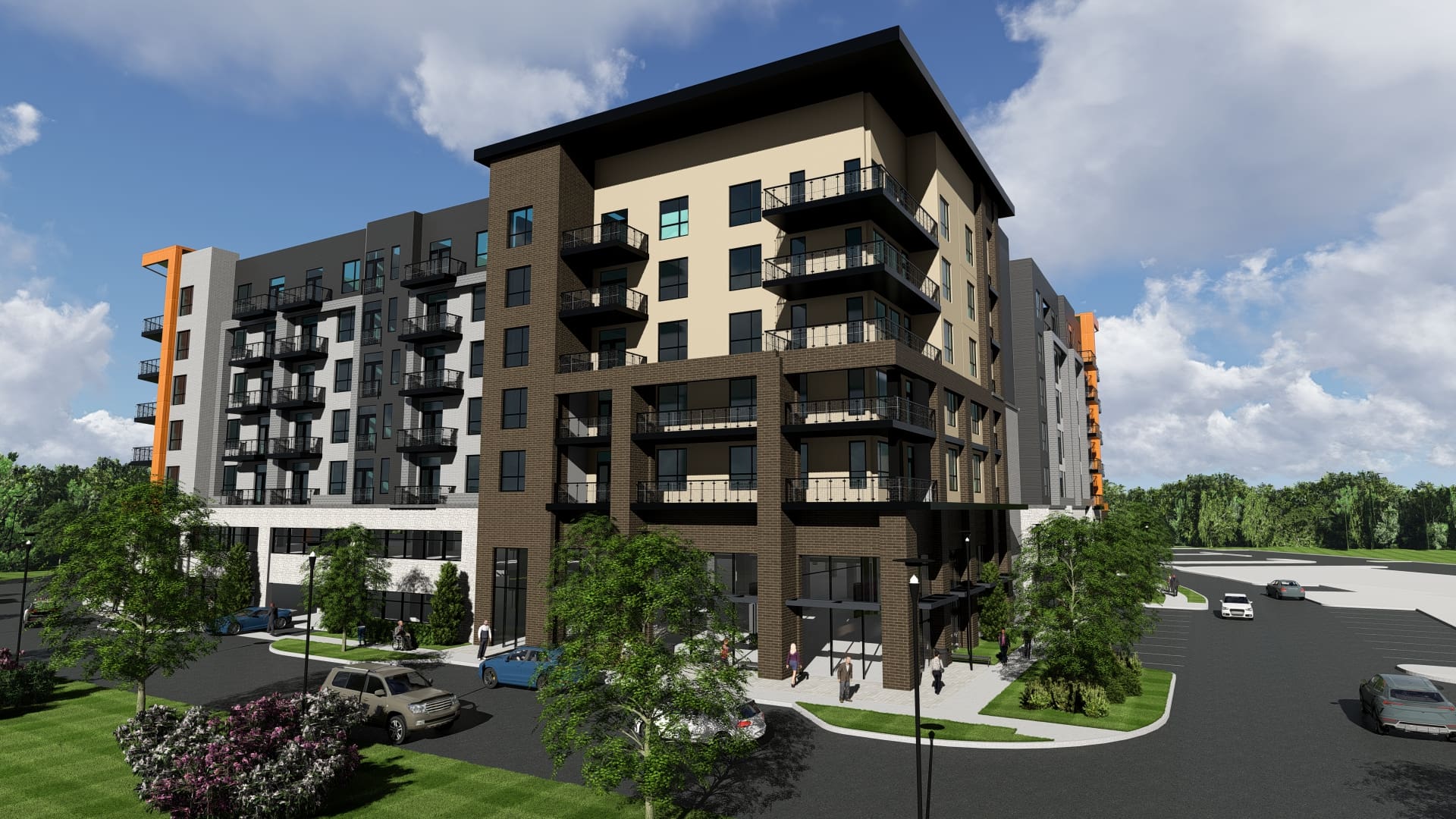 A rendering of the exterior of an apartment building.